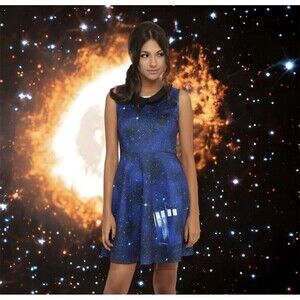 Dr. Who Galaxy Tardis Dress A Line Sleeveless Peter Pan Collar Blue Hot Topic XS